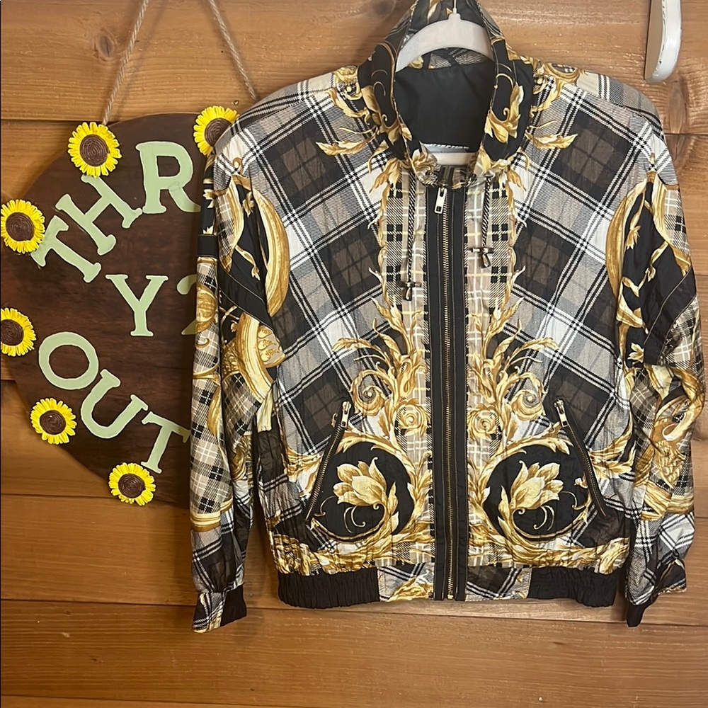 Neiman Marcus Vintage Pattern Windbreaker Zip Gold Black Luxe Jacket Royalty XL